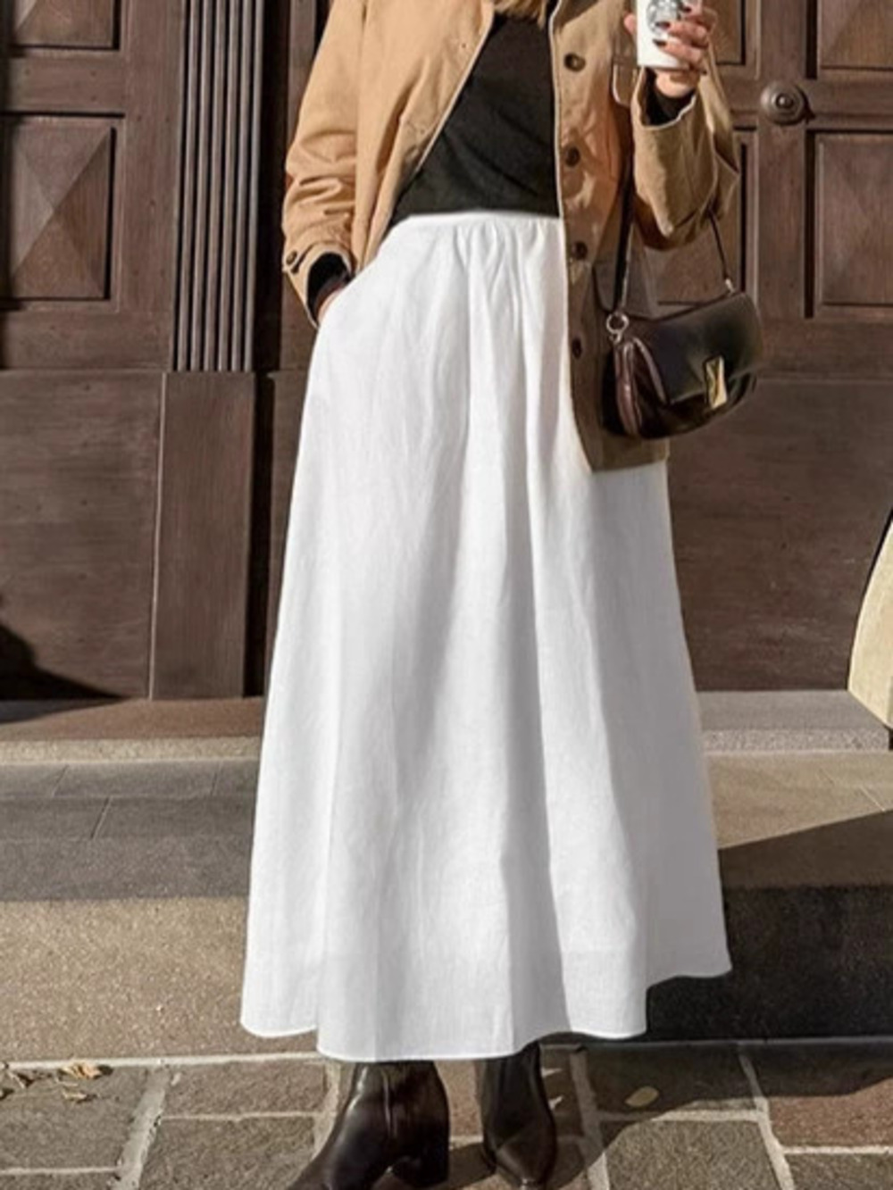 Forever 21 White Flowy A-Line High Waist Linen Cotton Long Skirt Spring Summer